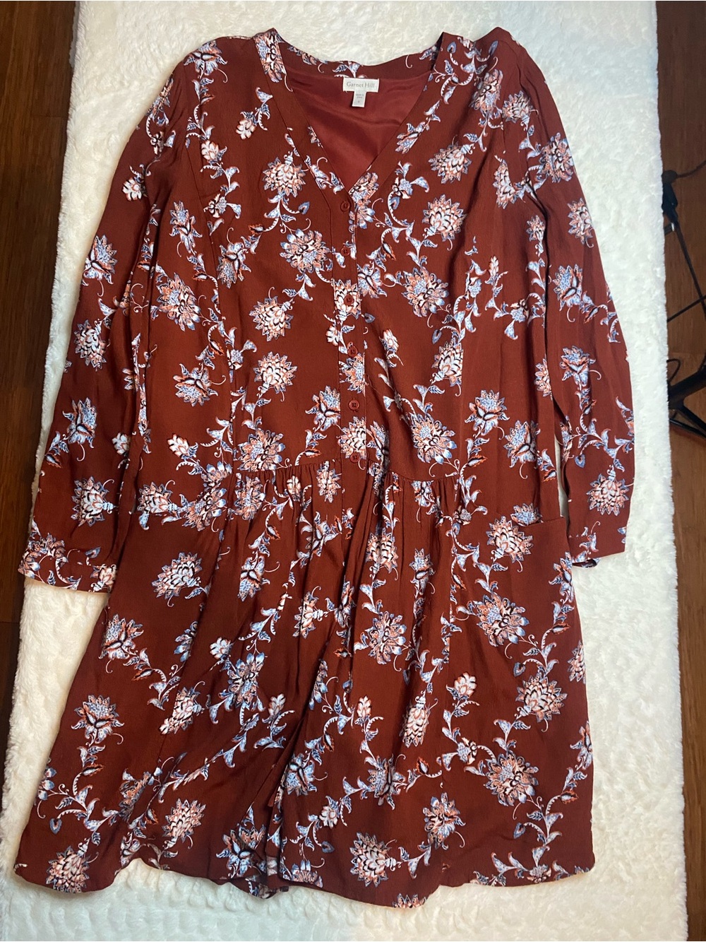 Garnet Hill Size 8 Rust Floral Long Sleeve Button Front Fit & Flare Dress